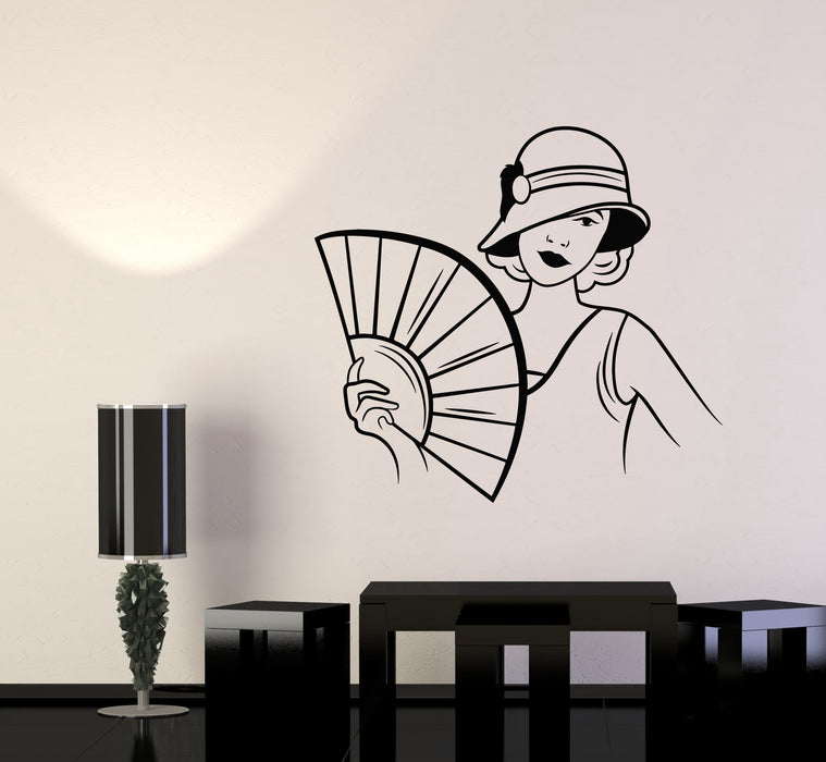 Vinyl Wall Decal Retro Style Beautiful Lady With Fan Fashion Stickers Mural (g3973)