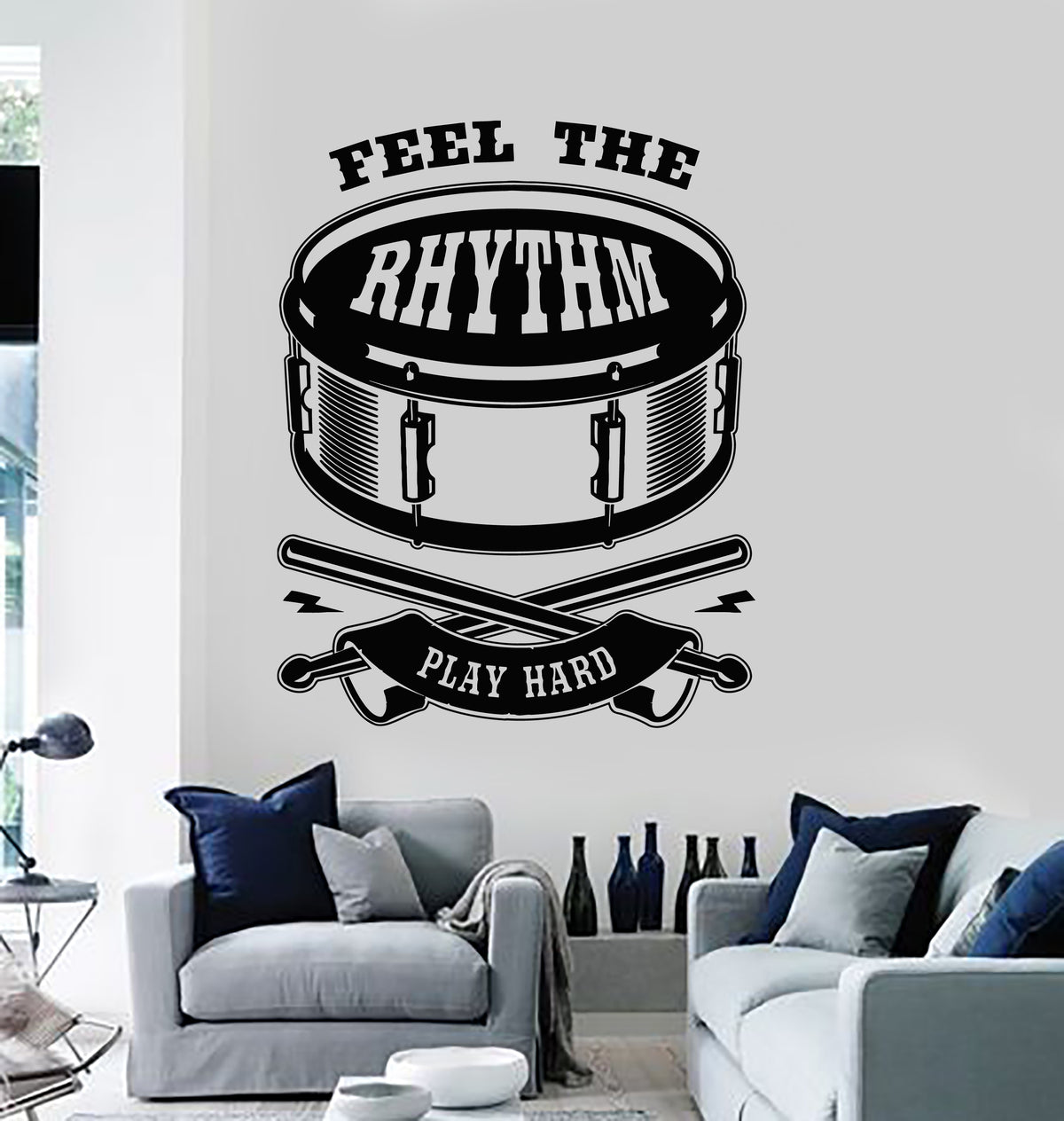 Vinyl Wall Decal Phrase Feel The Rhythm Play Hard Music Drum Stickers ...