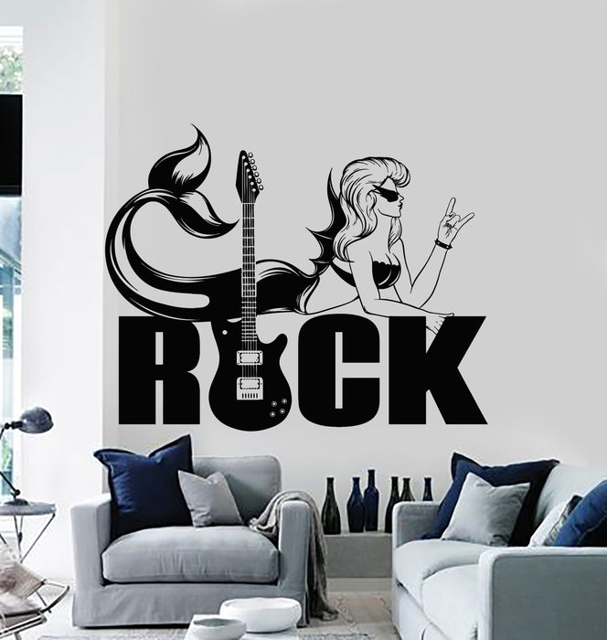 Vinyl Wall Decal Rock Mermaid With Sunglasses Electric Guitar Stickers Mural (g5681)