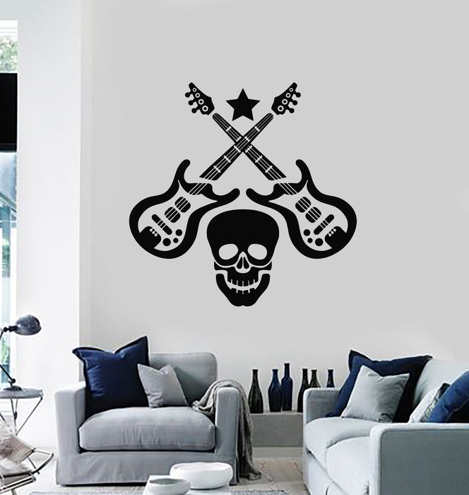 Vinyl Wall Decal Music Skull Cool Decor Rock Electric Guitar Stickers Mural (g4472)