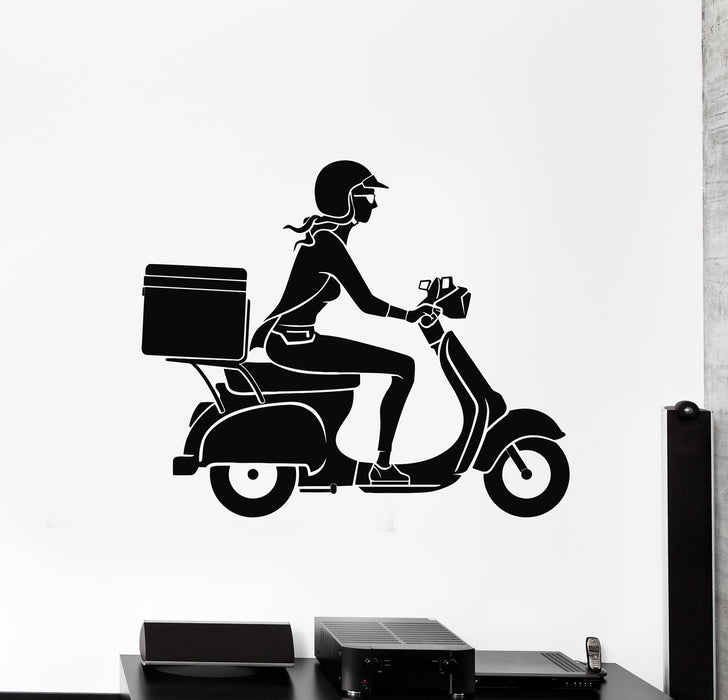 Vinyl Wall Decal Female On Scooter Bike Motorcycle Delivery Stickers Mural (g6097)