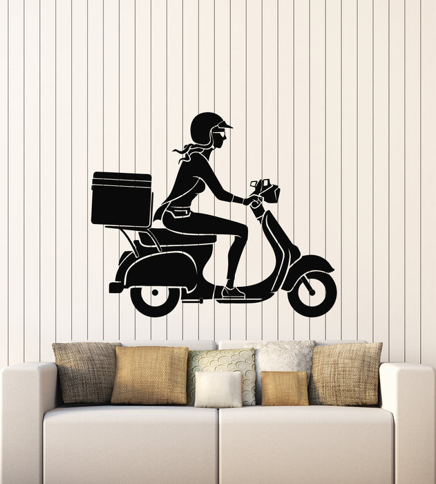 Vinyl Wall Decal Female On Scooter Bike Motorcycle Delivery Stickers Mural (g6097)