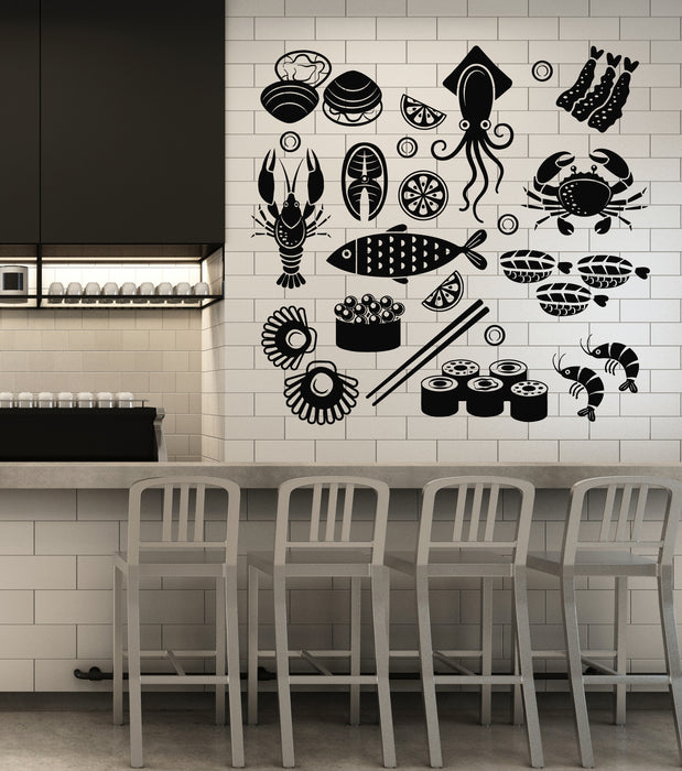 Vinyl Wall Decal Sushi Bar Seafood Sea Products Fish Restaurant Stickers Mural (g5558)