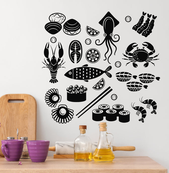 Vinyl Wall Decal Sushi Bar Seafood Sea Products Fish Restaurant Stickers Mural (g5558)