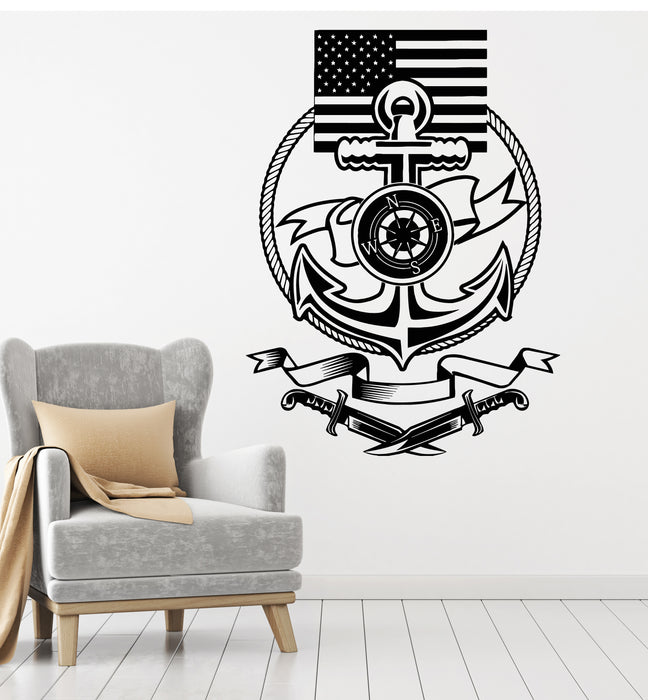 Vinyl Wall Decal Ship Steering Wheel Anchor American Flag Stickers Mural (g3995)