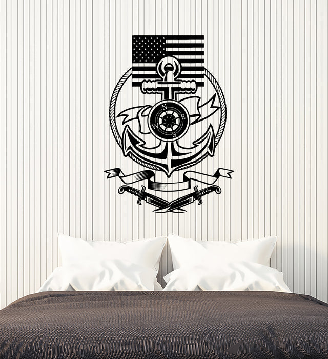 Vinyl Wall Decal Ship Steering Wheel Anchor American Flag Stickers Mural (g3995)