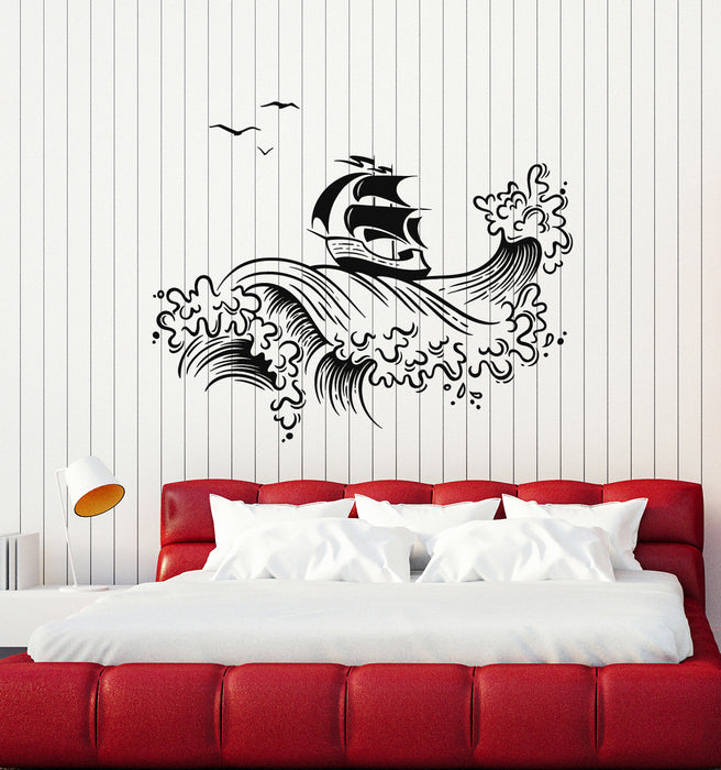 Vinyl Wall Decal Marine Ocean Ship Sail Sea Waves Nautical Stickers Mural (g4788)