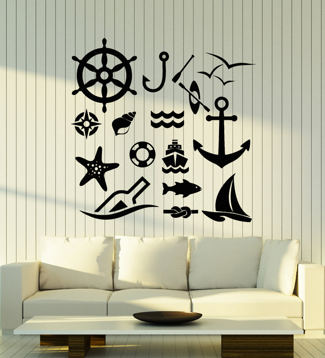 Vinyl Wall Decal Sea Style Anchor Steering Wheel Fish Shell Stickers Mural (g5871)