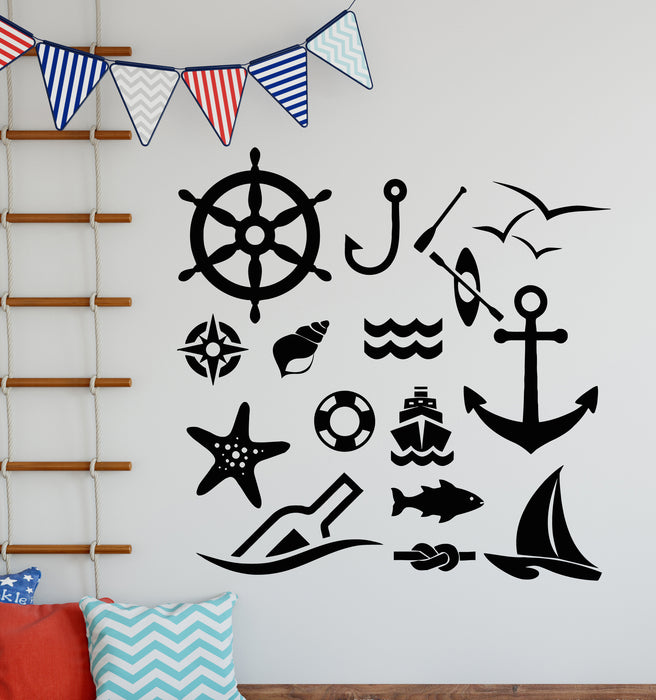 Vinyl Wall Decal Sea Style Anchor Steering Wheel Fish Shell Stickers Mural (g5871)