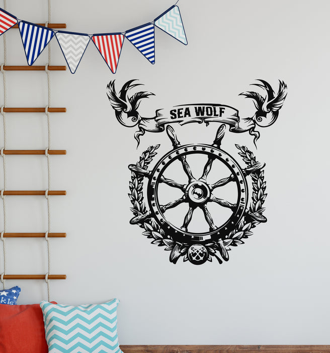 Vinyl Wall Decal Ship Steering Wheel Letter Sea Wolf Marine Ocean Art Stickers Mural (g7068)