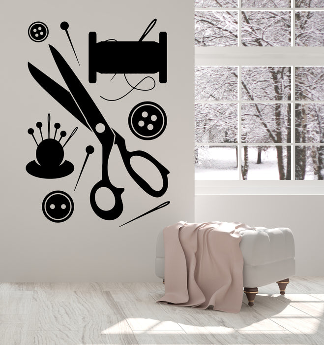 Vinyl Wall Decal Sewing Atelier Scissors Button Needle Threads Stickers Mural (g192)