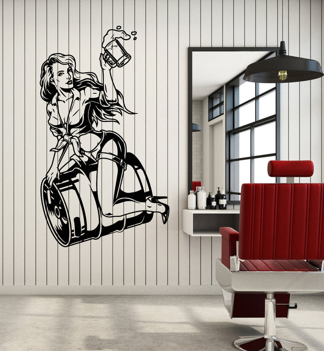 Vinyl Wall Decal Pin Up Sexy Girl Sitting Beer Barrel Pub Bar Stickers Mural (g7129)