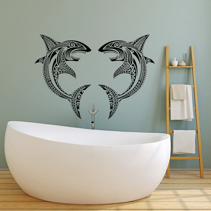 Vinyl Wall Decal Couple Sharks Big Aggressive Ocean Animal Stickers Mural (g6226)