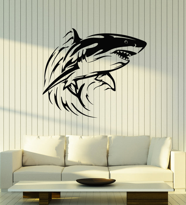 Vinyl Wall Decal Tribal Sea Animal Big Aggressive Shark Ocean Stickers Mural (g6980)