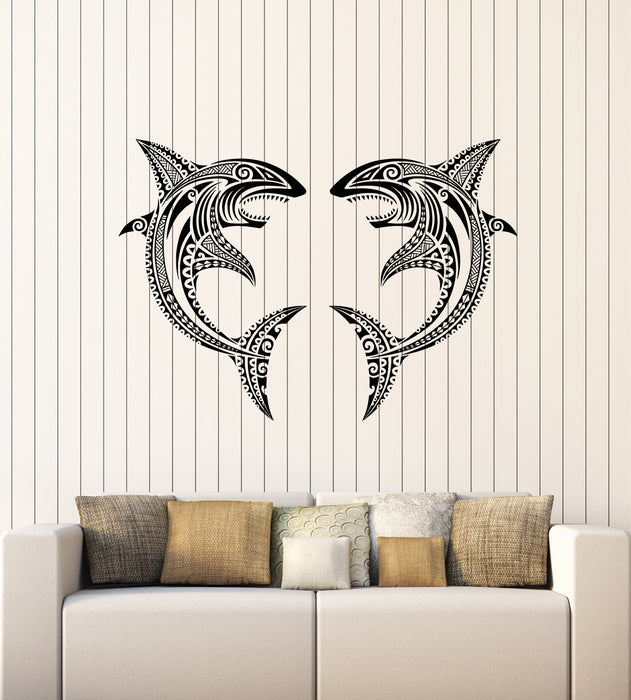 Vinyl Wall Decal Couple Sharks Big Aggressive Ocean Animal Stickers Mural (g6226)