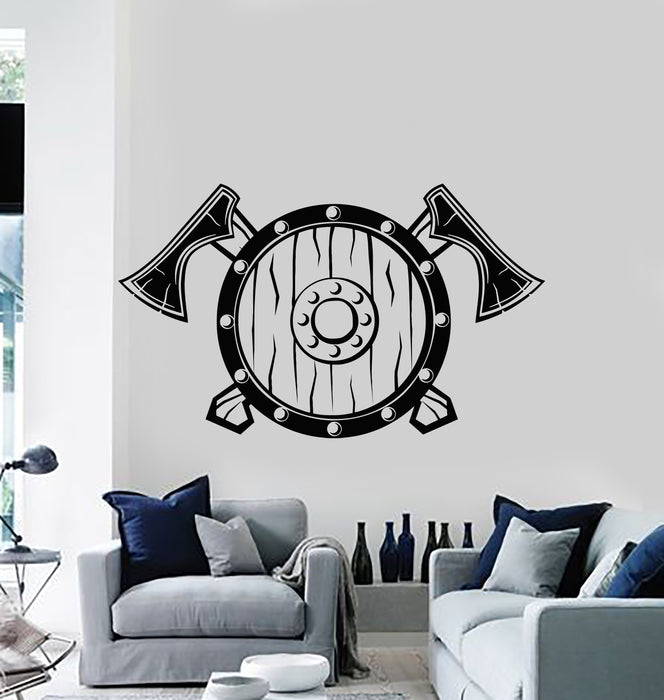 Vinyl Wall Decal  Shield Axes Warriors Viking Weapons Man Cave Stickers Mural (g1251)