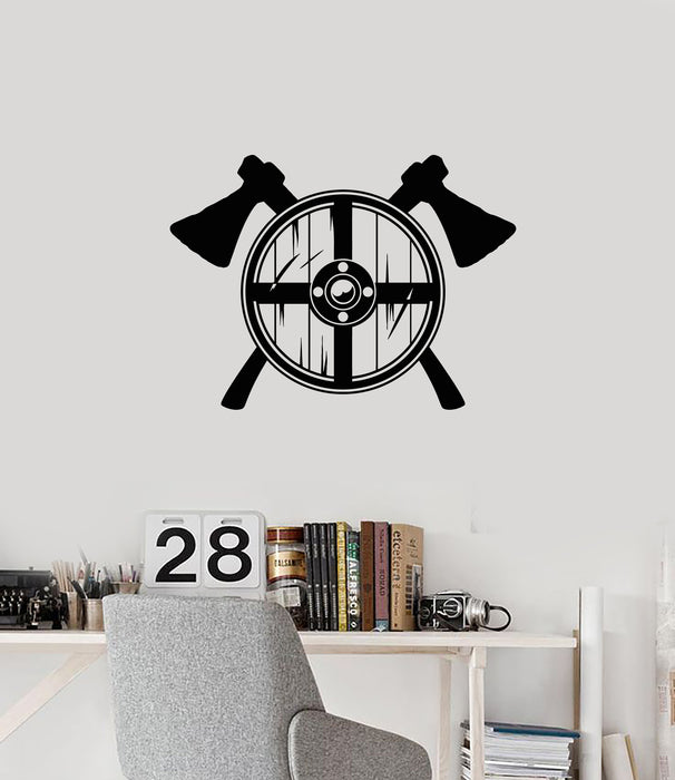 Vinyl Wall Decal Viking Shield Axes Warrior Man Cave Interior Stickers Mural (ig5961)