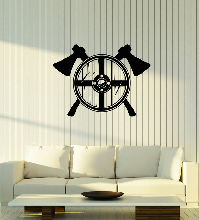 Vinyl Wall Decal Viking Shield Axes Warrior Man Cave Interior Stickers Mural (ig5961)