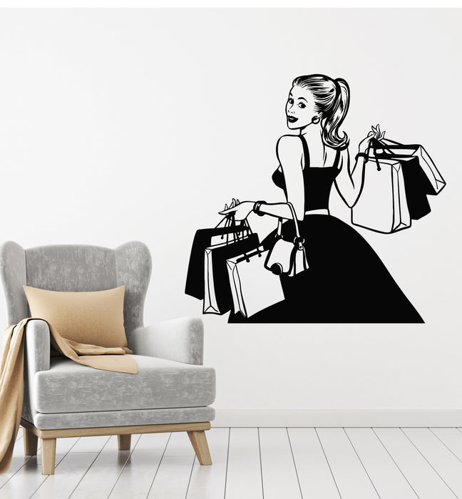 Vinyl Wall Decal Shopping Girl Fashion Style Shopaholic Dress Store Stickers Mural (g666)