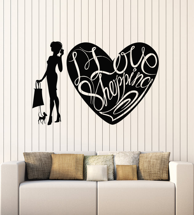 Vinyl Wall Decal Store I Love Shopping Fashion Girl With Dog  Stickers Mural (g6344)