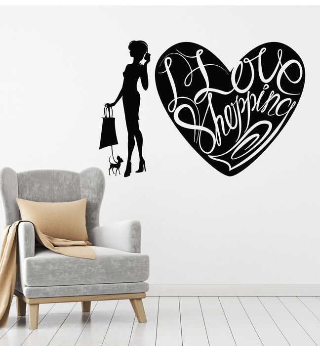 Vinyl Wall Decal Store I Love Shopping Fashion Girl With Dog  Stickers Mural (g6344)