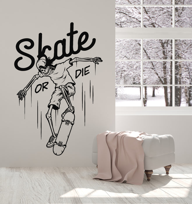 Vinyl Wall Decal Skull Skater Skateboard Skate Or Die Teen Room Stickers Mural (g4477)