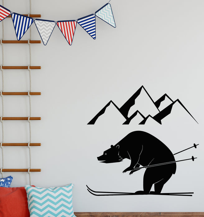 Vinyl Wall Decal Bear  Wild Animal Snowy Mountains Skier Skiing Stickers Mural (g7581)