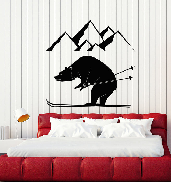 Vinyl Wall Decal Bear  Wild Animal Snowy Mountains Skier Skiing Stickers Mural (g7581)
