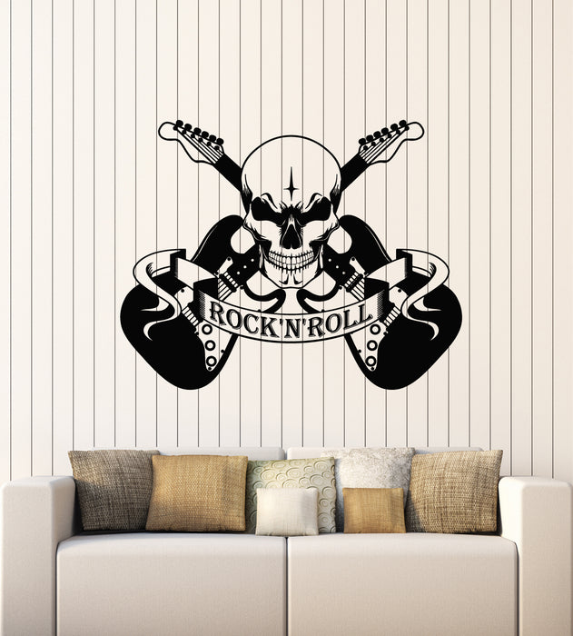 Vinyl Wall Decal Scary Skull Music Rock And Roll Electric Guitar Stickers Mural (g2145)