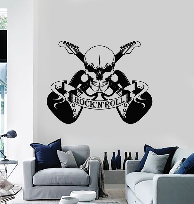 Vinyl Wall Decal Scary Skull Music Rock And Roll Electric Guitar Stickers Mural (g2145)