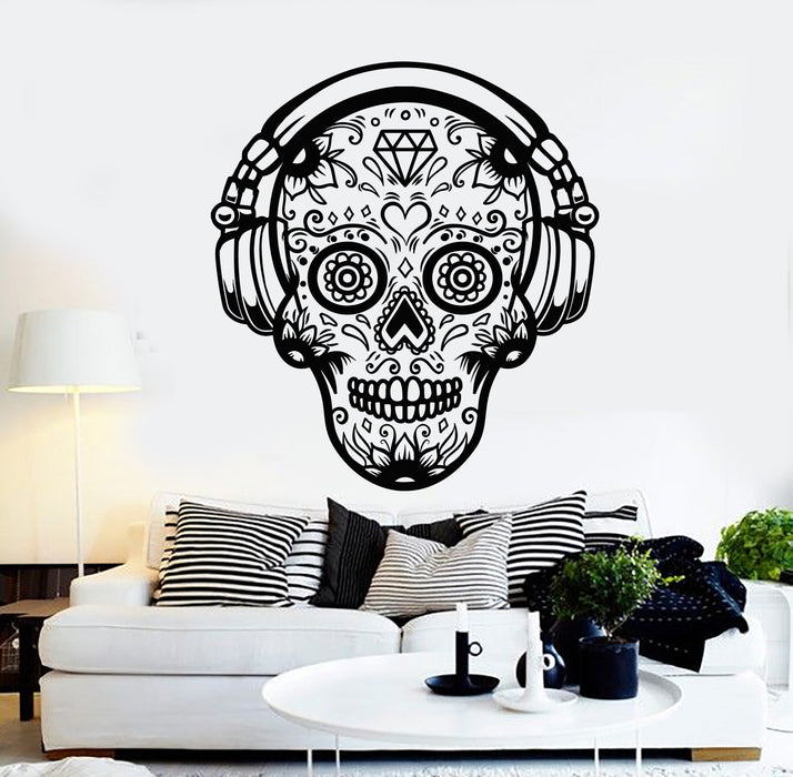 Vinyl Wall Decal Skull Bones In Headphones Tattoo Teen Room Stickers Mural (g1038)