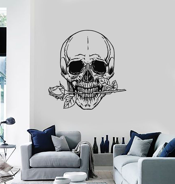 Vinyl Wall Decal Skull Bones With Flower Rose Death Skeleton Stickers Mural (g4523)