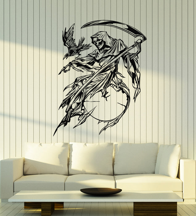 Vinyl Wall Decal Gothic Style Death With Scythe Horror Skull Raven Stickers Mural (g4823)