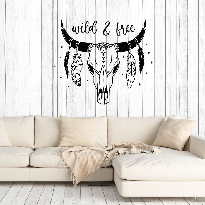 Vinyl Wall Decal Animals Skull Wild And Free Feathers Horns Stickers Mural (g8300)