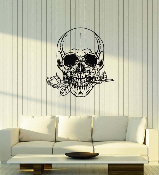 Vinyl Wall Decal Skull Bones With Flower Rose Death Skeleton Stickers Mural (g4523)