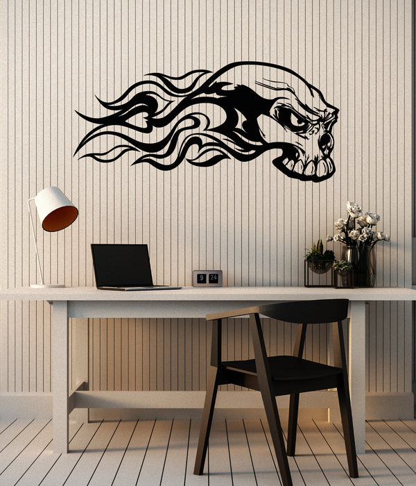 Vinyl Wall Decal Bones Skull With Flames Fire Death Scary Stickers Mural (g7831)