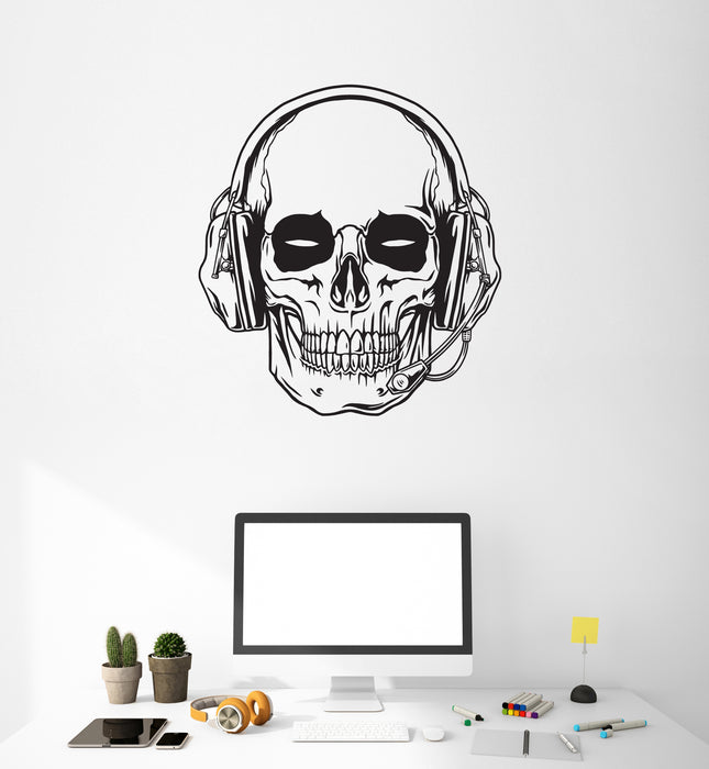 Skull with Headphones Vinyl Wall Decal Microphone Black Eyes Stickers Mural (k125)
