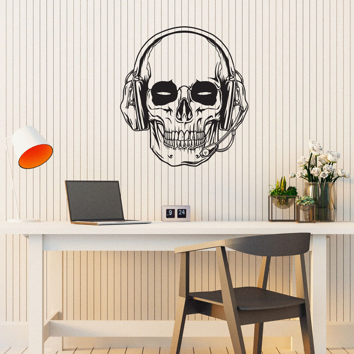 Skull with Headphones Vinyl Wall Decal Microphone Black Eyes Stickers Mural (k125)