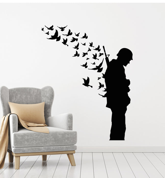 Vinyl Wall Decal Soldier With Weapon Memory Military Birds Patriotic Stickers Mural (g2945)