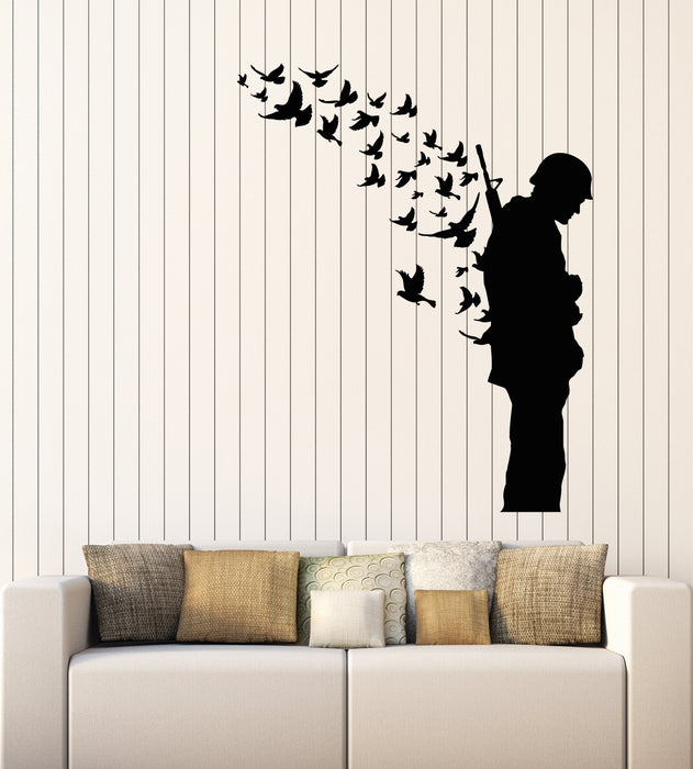 Vinyl Wall Decal Soldier With Weapon Memory Military Birds Patriotic Stickers Mural (g2945)