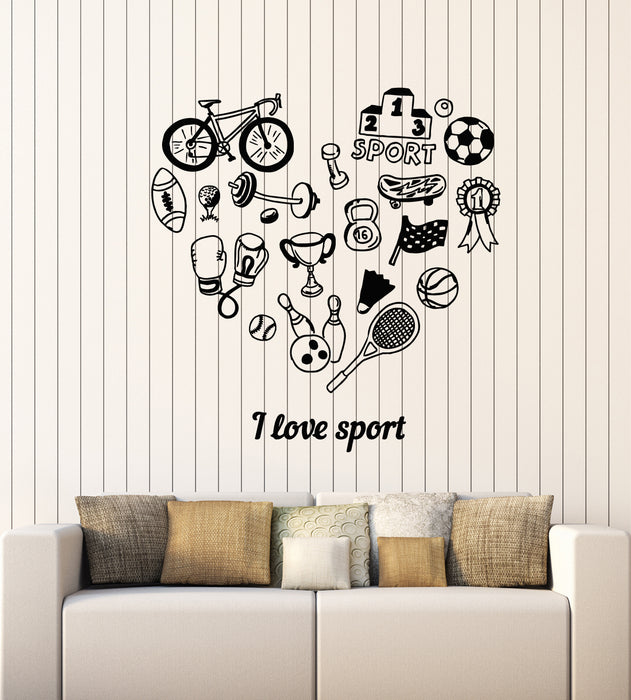 Vinyl Wall Decal Letter I Love Sport Bowling Tennis Bicycle Stickers Mural (g1589)