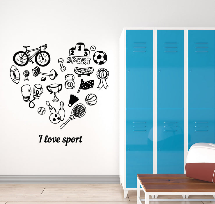 Vinyl Wall Decal Letter I Love Sport Bowling Tennis Bicycle Stickers Mural (g1589)