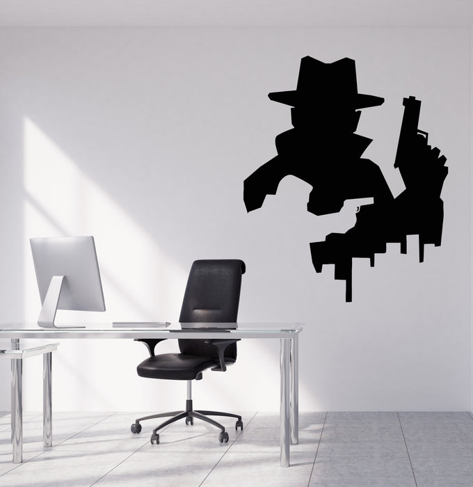 Autocollant mural en vinyle Mystère Détective avec chapeau Espion Silhouette Gun Stickers Mural (g8080)