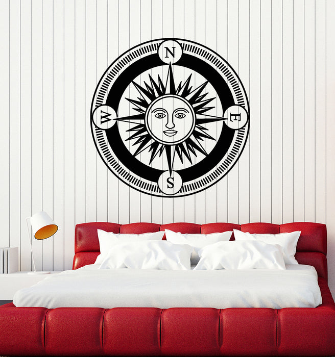 Vinyl Wall Decal Compass Art Sun Face Day Bedroom Nautical Style Stickers Mural (g1655)