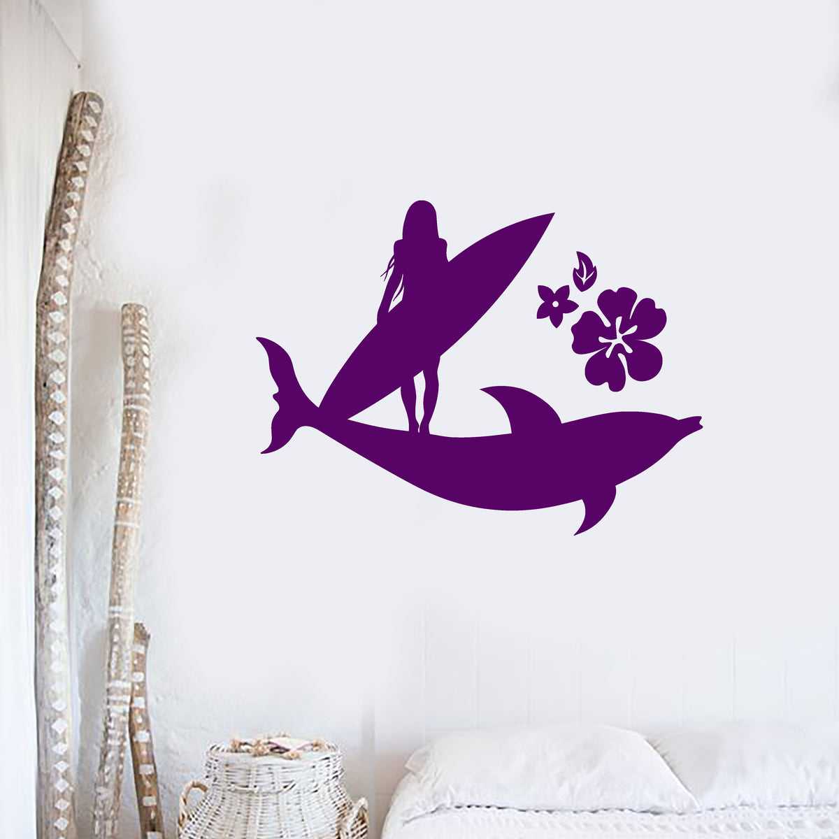 Vinyl Wall Decal Surfer Girl Beach Style Surfing Flowers Dolphin Stick —  Wallstickers4you, image size:1200x1200