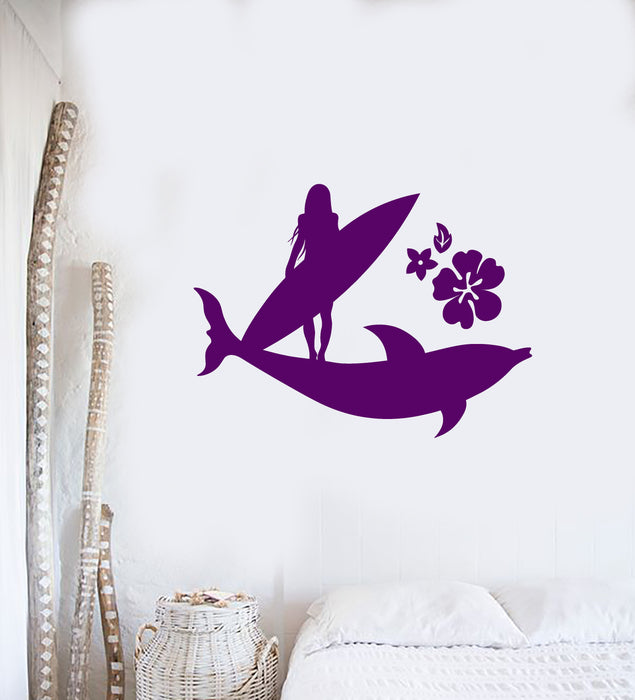 Vinyl Wall Decal Surfer Girl Beach Style Surfing Flowers Dolphin Stickers Mural (ig5825)
