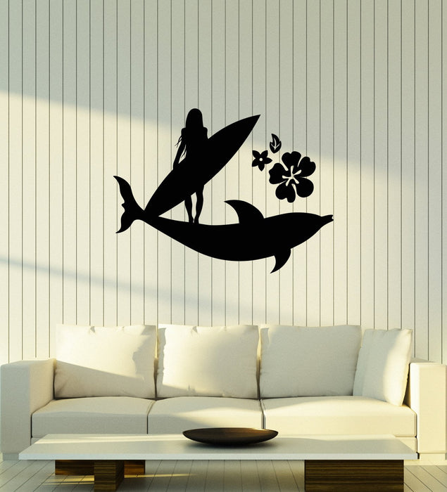 Vinyl Wall Decal Surfer Girl Beach Style Surfing Flowers Dolphin Stickers Mural (ig5825)