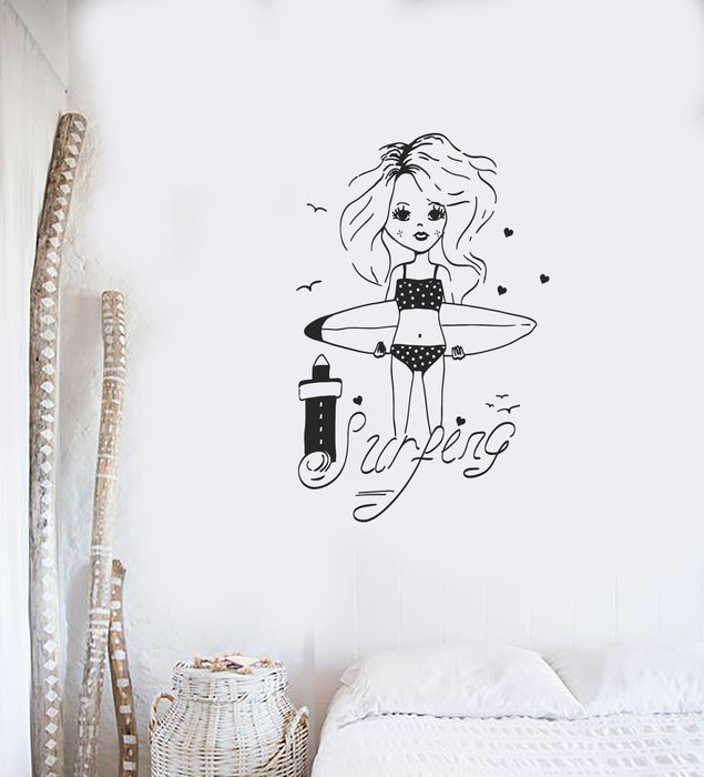 Vinyl Wall Decal Surfer Teen Girl Surfing Beach Style Room Interior Stickers Mural (ig5741)