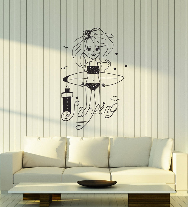 Vinyl Wall Decal Surfer Teen Girl Surfing Beach Style Room Interior Stickers Mural (ig5741)