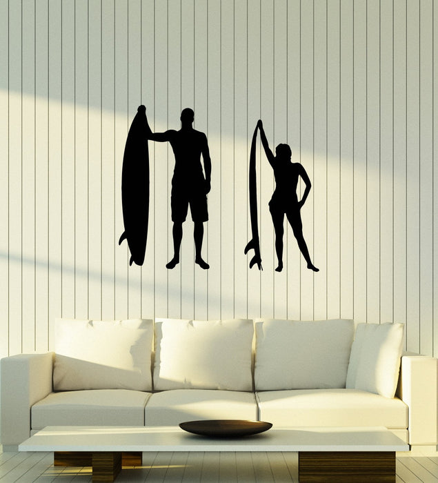 Vinyl Wall Decal Surfing Couple Silhouette Man Woman Surfers Beach Art Stickers Mural (ig5842)